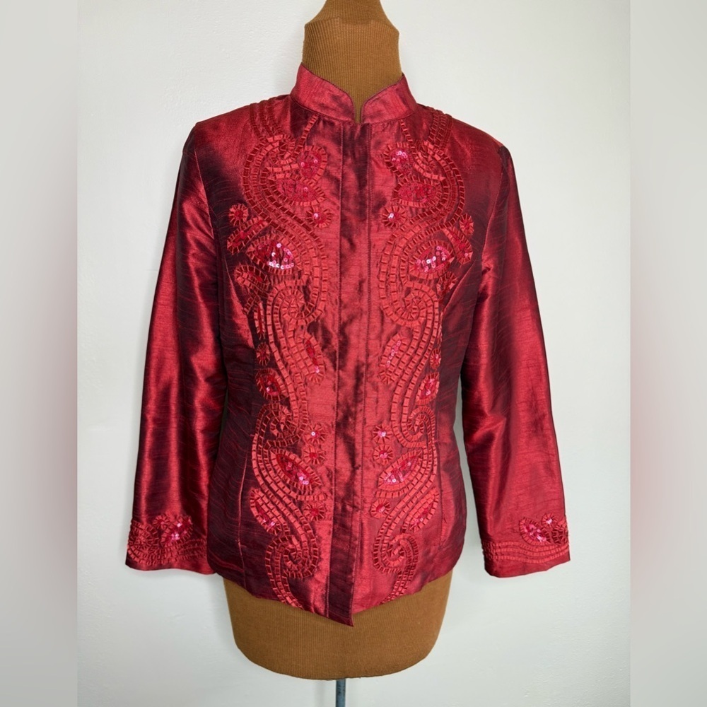 Chicos Silk Look Dress Jacket Ribbon Sequins Terracotta Red Hidden Buttons Sz 8